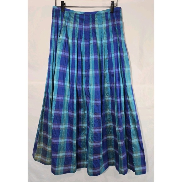 Maggy London Dresses & Skirts - Maggy‎ London Silk Plaid Midi Skirt Womens 8 Blue Teal Pleated Vintage Excellent